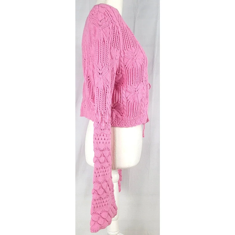 Entro Pink Crochet Bell Sleeve Cardigan Tie Front Boho L NWT